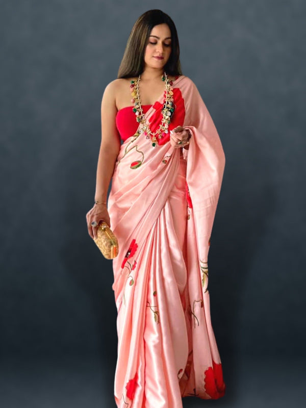 Shaily Women's Pink Nylon Silk Solid/Plain with Golden Zari Border Saree -S_MAHIMA191SSR01